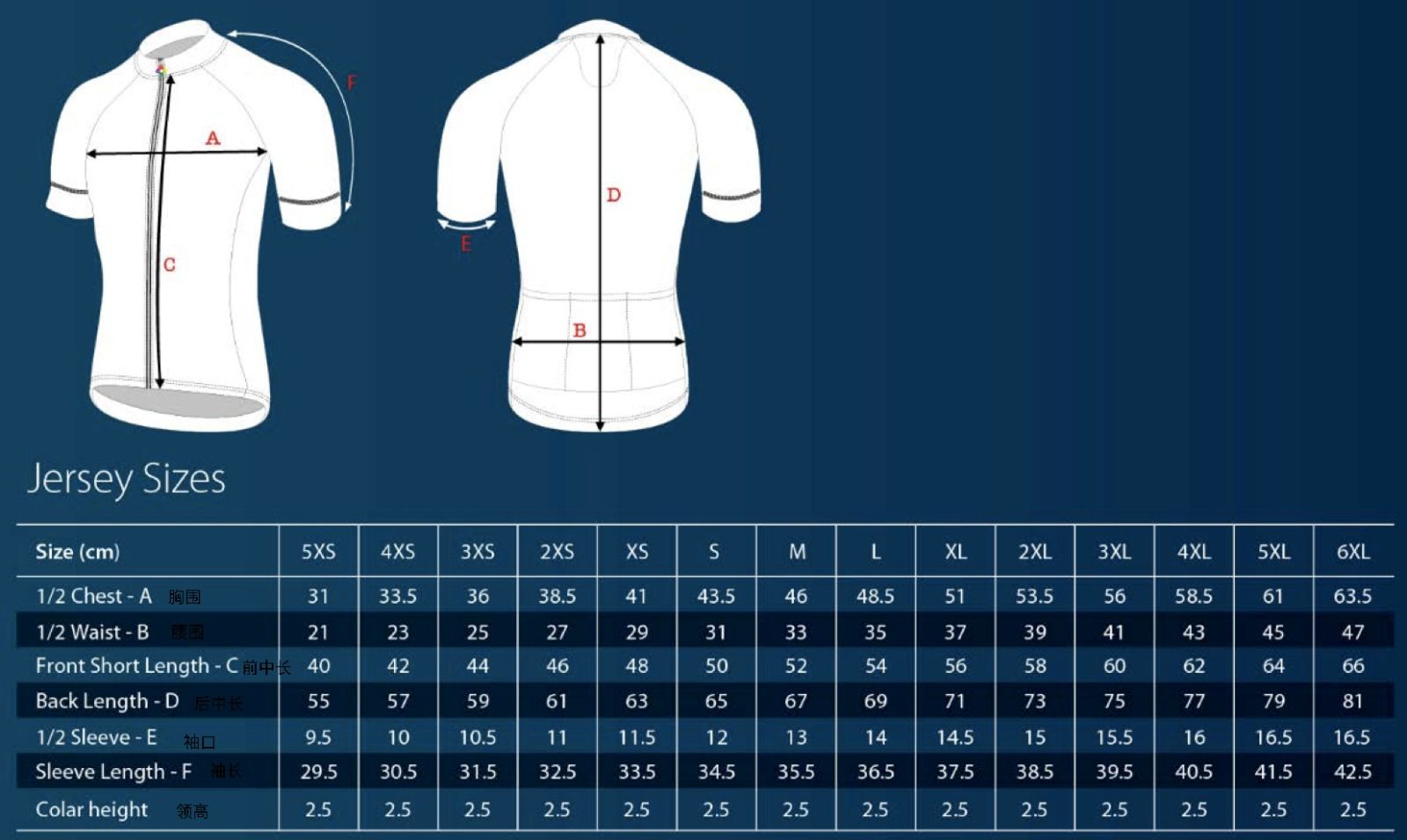 ALTAIR jersey size guide